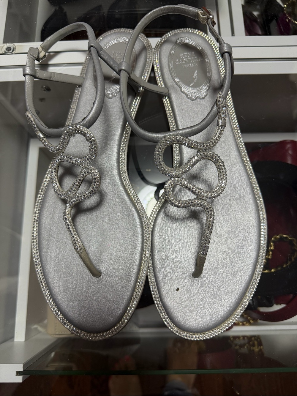 Rene Caovilla Silver Crystal-Embellished T-Strap Sandals